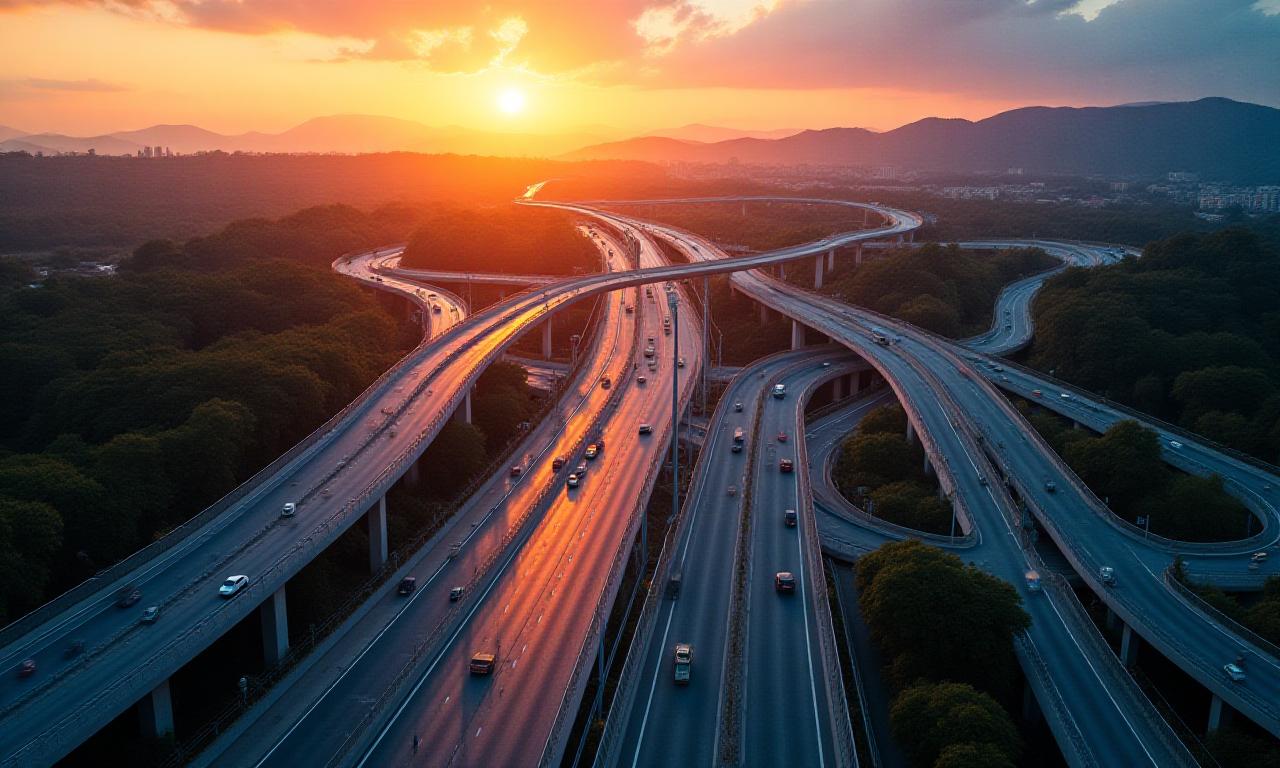 Visão aérea de uma rodovia moderna com fluxo inteligente
